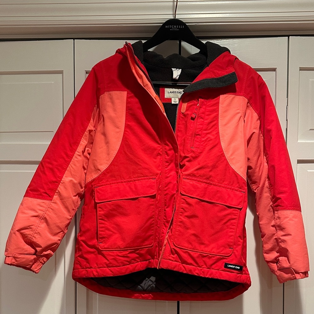 Kids Girls Lands' End Two-Tone Red Fleece Lined Jacket Coat, Size: L 14